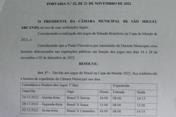 Câmara de São Miguel Arcanjo terá expediente reduzido em função dos jogos